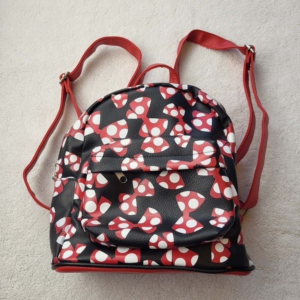 Disney Parks Mini Backback Minnie Mouse Bows Adjustable Straps Black Red White